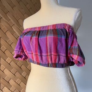 OFF THE SHOULDER PLAID CROPPED TOP